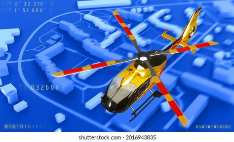 Red And Yellow Helicopter Of Air Rescue Service Team. 3d Illustration.