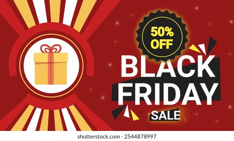 Red and yellow retro style black friday modern banner design illustration with gift present, typography,  geometric shapes and badge. - Powered by Shutterstock