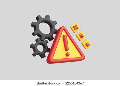 Red and yellow triangle exclamation mark symbol with object gear, emergency light, lock gray background. Notification danger, security warning and alert system crash. clipping path. 3D Illustration.