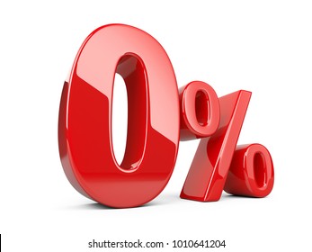 Red zero percent or 0 % special Offer. Isolated over white background 3d illustration.
