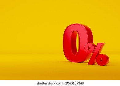 Red zero percent or 0% special offer on yellow background. 3d render illustration
