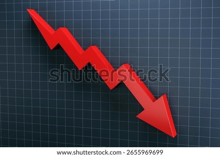 Red zigzag arrow pointing down on a dark grid background, symbolizing a financial crisis, stock market crash, or economic recession. 3D Rendering