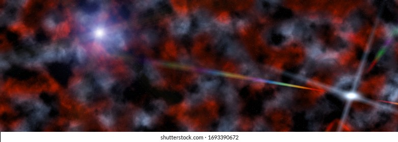 Red-blue Cluster Of Galactic Gas With Stars. Bright Blue Dwarf On The Left With Rays Of Light. And A Bright Flash Of A Supernova To The Left With Rainbow Highlights And Rays Across The Entire Space