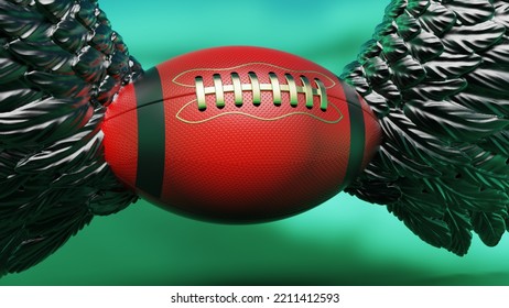 Red-gold American Football With The Metallic Silver Wings Under Green-white Flash Light Background. 3D CG. 3D Illustration. 3D High Quality Rendering.