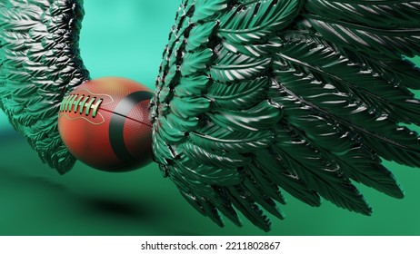 Red-gold American Football With The Metallic Silver Wings Under Green-white Flash Light Background. 3D CG. 3D Illustration. 3D High Quality Rendering.