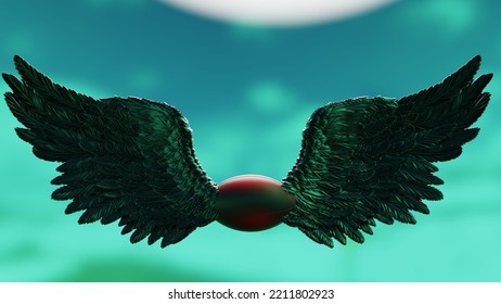 Red-gold American Football With The Metallic Silver Wings Under Green-white Flash Light Background. 3D CG. 3D Illustration. 3D High Quality Rendering.