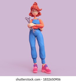 Red-haired casual mechanic girl in glasses, blue overalls, pink sneakers with crossed arms, holds wrench in one hand. 3d illustration of smiling woman standing on purple background. Minimal art style. - Powered by Shutterstock