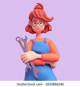 Red-haired casual mechanic girl in glasses, blue overalls, orange t-shirt with crossed arms, holds wrench in one hand. Colorful 3d illustration of smiling woman on purple background. Minimal art style - Powered by Shutterstock