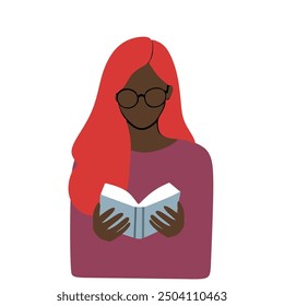 red-haired girl with glasses reading a book. girl reading book in library Vector illustration - Powered by Shutterstock