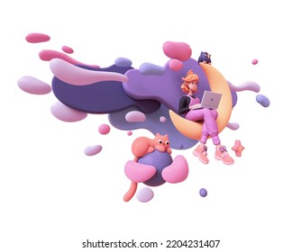 Red-haired happy romantic female writer in glasses, pink overalls uses laptop for work sits on yellow moon in space, floating blue purple clouds stars, cat, owl. 3d render isolated on white backdrop. - Powered by Shutterstock