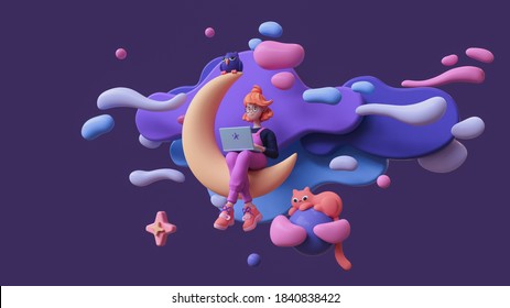 Red-haired Happy Writer Girl In Glasses, Pink Pants Works On A Laptop And Sits On The Moon Late At Night In Space With Floating Blue Purple Clouds, Stars, A Cat, An Owl. 3d Render In Minimal Art Style