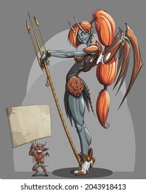 Red-haired sexy fighting girl demon succubus and a funny little imp holds a poster illustration with grey background print sticker