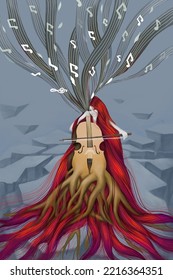 A Red-haired Woman Representing The Forest Plays A Song In The Midst Of A Barren World. Hope To Create A New And Prosperous World