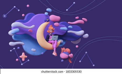 Red-haired writer girl in glasses, pink pants works on a laptop and sits on the moon late at night in space with floating blue purple clouds, stars, a cat, an owl. 3d illustration in minimal art style
