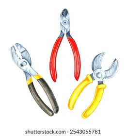 Red-handled pliers, silver and yellow-handled pliers, and a wrench. Hand-painted watercolor clipart. Great for tool kit packaging, repair service ads, or crafting and DIY-themed designs - Powered by Shutterstock