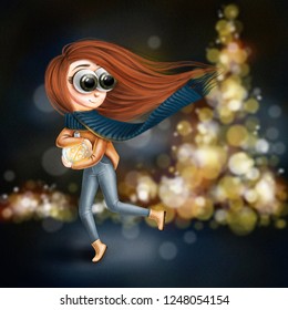 Redhead girl runs a discount. New Year discounts - Powered by Shutterstock