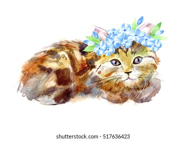 Redhead kitty with a wreath of blue flowers.Watercolor hand drawn illustration.Postcard with cat on a white background. - Powered by Shutterstock