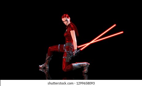 Redhead warrior girl with futuristic light swords kneeling, braided woman with sci-fi laser saber weapon isolated on black, 3D rendering