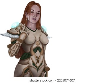 Redhead Warrior Girl In Steel Armor With Angel Wings Shoulder Pads. Brush Technique. Isolated On White.