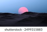 Red-pink planet on the horizon of a mountainous, rocky area at night. Sci-Fi landscape, sci-fi landscape planet at dusk,wallpaper.3D render