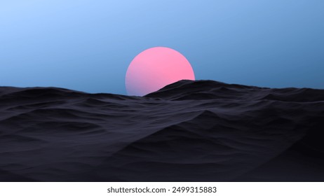 Red-pink planet on the horizon of a mountainous, rocky area at night. Sci-Fi landscape, sci-fi landscape planet at dusk,wallpaper.3D render - Powered by Shutterstock