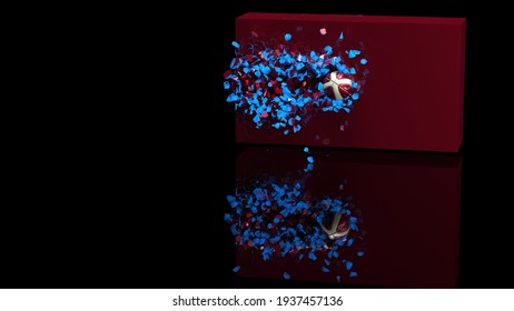 Red-White Baseball breaking with great force through blue illuminated wall under spot light background. 3D high quality rendering. 3DCG. 3D illustration.