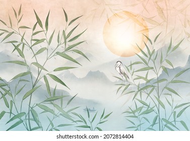 Reed bamboo leaves on the background of a mountain lake in delicate colors. With a heron on the background of sunset. For wallpaper, frescoes.