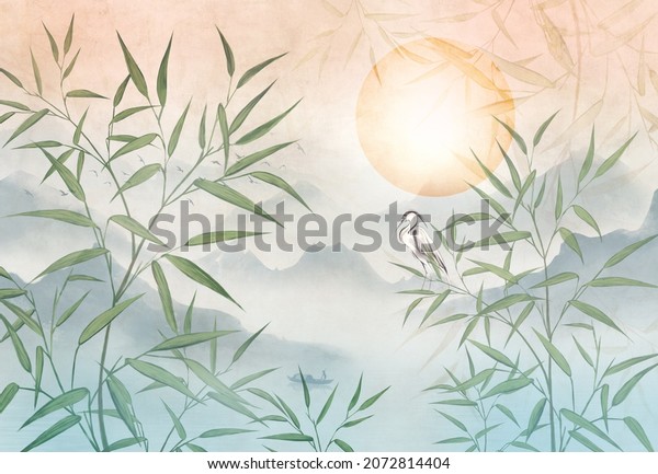 Reed bamboo leaves on the background of a mountain lake in delicate colors. With a heron on the background of sunset. For wallpaper, frescoes. 