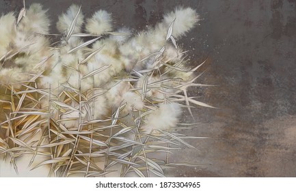 Reed painted on a grunge concrete wall. Design for wallpaper, photo wallpaper, mural, card, postcard. Illustration in the loft, classic, modern style.