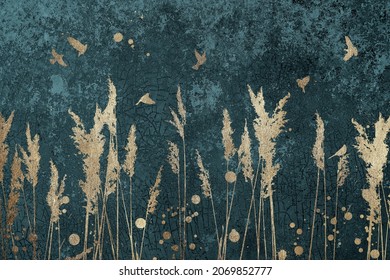 reeds and birds. gold decor on textured wall. design for wallpaper and mural printing