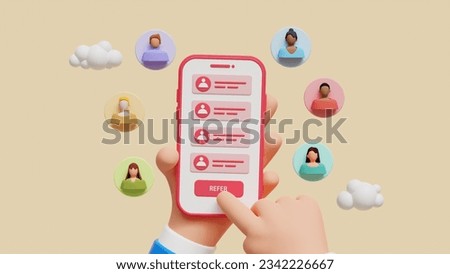 Refer a friend program concept. Hand holds a mobile phone with a list of friends on the screen. Referral program, Business partnership banner. 3D Illustration