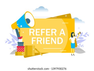 Refer Friend Woman Speaking Through Megaphone Stock Vector (Royalty ...