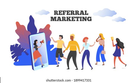 Referral Marketing. Communication Influence Advertising Concept, Refer Your Friend Client Loyalty Program.  Image Customers Group People Holding Hands And Walking To Smartphone