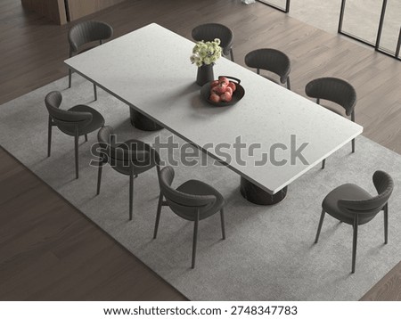 Refined dining room interior with marble dining table, tiled accent wall, warm chandelier lighting, and elegant decorative centerpiece. Mockup. 3D Illustrations. 3D Rendering