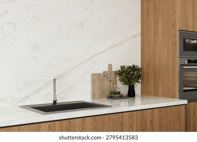 Refined kitchen setting featuring quartz breakfast bar, streamlined cabinetry, and tasteful decor arrangements. Mockup. 3D Rendering. 3D Illustrations. High Resolution