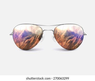 The reflection of field of grass on sunglasses,isolated on the white background
