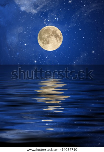 Reflection of the moon\
and stars at\
ocean.
