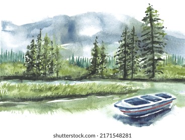 Reflection of pine forest and boat on lake watercolor