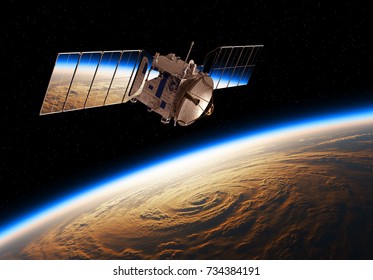 Reflection Of Planet Earth In Solar Panels Of A Space Satellite. 3D Illustration.