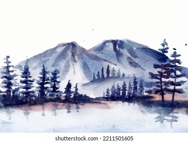 Reflection Of Winter Landscape And Icy Mountain Watercolor