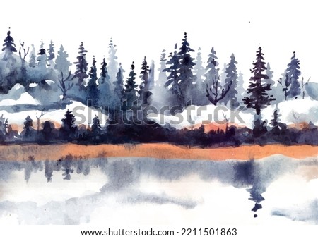 Reflection of winter landscape with pine trees and snow watercolor