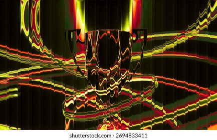 A reflective trophy is bathed in a dynamic display of colorful light, creating an abstract and visually striking composition that captures the essence of triumph.