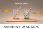 Refraction of light. Pencil in a glass cup filled with water appears twisted. Physics experiment.