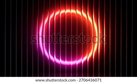 Refraction of light through vertical glass or plastic strips creating a glowing abstract circle. Futuristic background for presentation or advertising.