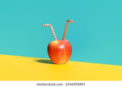 Refreshing apple juice concept. Fresh red apple with two straws on a vibrant two-tone background, promoting healthy fruit consumption. 3D render - Powered by Shutterstock