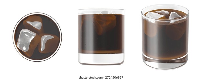 Refreshing cold brew coffee with ice cubes in a clear glass, top and side views