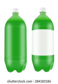 Refreshing green soda drink in two liter plastic bottles isolated on white background. Highly detailed illustration.