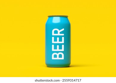 Refreshing light blue beer can standing on a vibrant yellow background, perfect for showcasing summer beverages. 3D render - Powered by Shutterstock