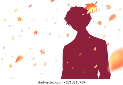 A refreshing man surrounded by falling autumn leaves