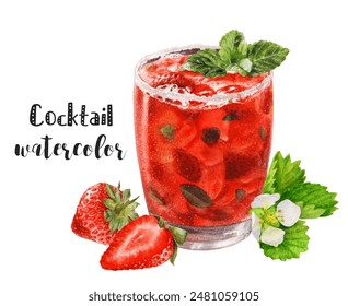 Refreshing Strawberry Mint Cocktail illustration, great for summer, with vibrant watercolor art - Powered by Shutterstock